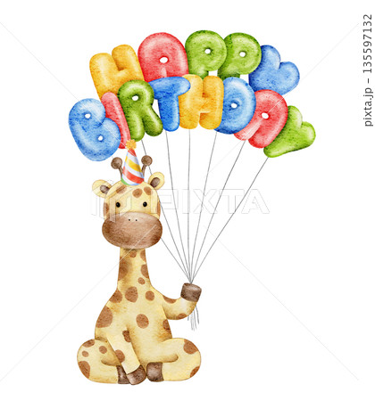 illustration with watercolor giraffe holding inflated multicolored text Happy Birthday, balloons. For baby shower, invitations, greeting cards, stickers 135597132