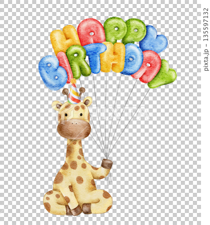 illustration with watercolor giraffe holding inflated multicolored text Happy Birthday, balloons. For baby shower, invitations, greeting cards, stickers 135597132