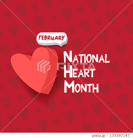 National Heart Month February vector illustration, creative red 3D hearts on a wavy pattern background, banner for cardiovascular health awareness and medical promotions. 135597147