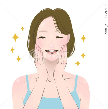両手を顔に当てて大喜びしている女性 美容イラスト 両手を顔に当てて大喜びしている女性 美容イラスト 135597196