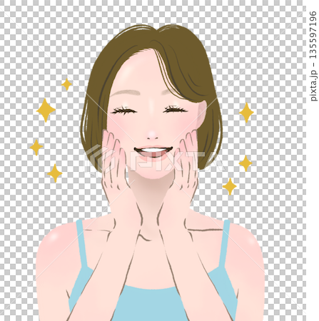 A woman who is overjoyed with both hands on her face - Beauty illustration A woman who is overjoyed with both hands on her face - Beauty illustration 135597196