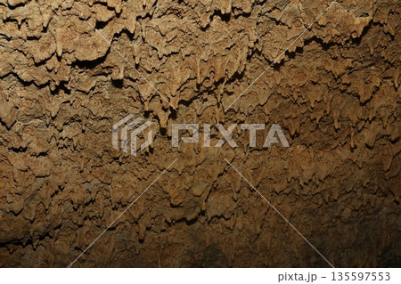 Lava stalactites in the ceiling of a cave. Lava stalactites in the ceiling of a cave. 135597553