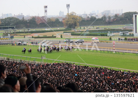 疾走する競走馬と騎手の姿 疾走する競走馬と騎手の姿 135597621