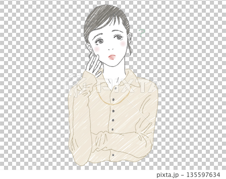 A woman tilting her head with her hand on her face A woman tilting her head with her hand on her face 135597634