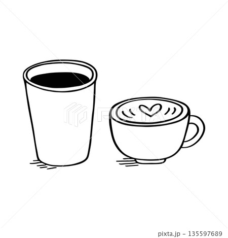 Outline sketch coffee to-go and cappuccino mug with heart. Vector icon on doodle style Outline sketch coffee to-go and cappuccino mug with heart. Vector icon on doodle style 135597689