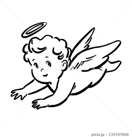 Line art cupid, vintage style. Love vector logo design. Cute flying angel with halo Line art cupid, vintage style. Love vector logo design. Cute flying angel with halo 135597690