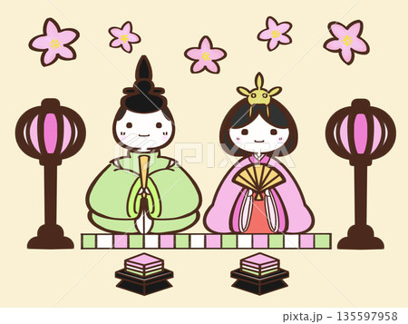 かわいい　ひな祭りイラスト　黄色背景 135597958