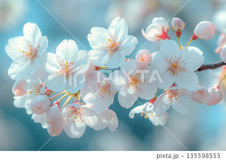 背景ぼけの中で咲く桜の花の静物 135598553