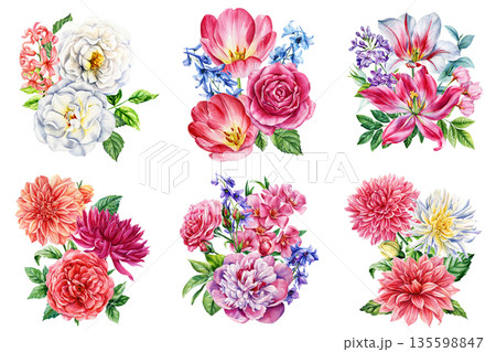Watercolor flower bouquets set roses lilies dahlias peony tulips and lilac spring summer floral collection isolated on white Watercolor flower bouquets set roses lilies dahlias peony tulips and lilac spring summer floral collection isolated on white 135598847