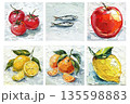 Food impasto painting set featuring tomatoes sardines apple lemon and orange on textured white background for kitchen wall decor 135598883