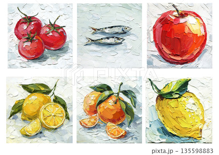 Food impasto painting set featuring tomatoes sardines apple lemon and orange on textured white background for kitchen wall decor 135598883