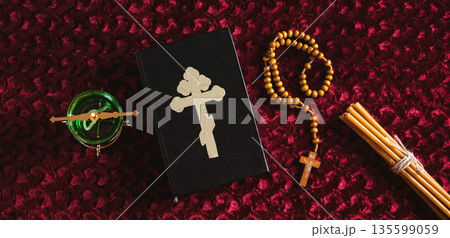Orthodox church attributes for a home prayer room top view web banner 135599059