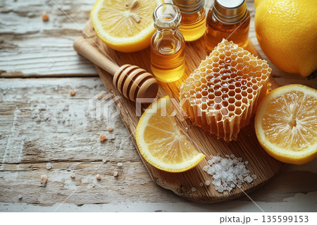 Natural skincare ingredients with honey, salt and lemon on rustic wood. Organic cosmetic care, clean beauty, treatment, premium skincare. Wellness marketing, spa and natural beauty advertising. Natural skincare ingredients with honey, salt and lemon on rustic wood. Organic cosmetic care, clean beauty, treatment, premium skincare. Wellness marketing, spa and natural beauty advertising. 135599153