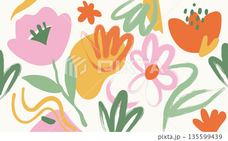 Fun colorful floral pattern. Abstract art background with hand drawn flowers, organic shapes and lines Fun colorful floral pattern. Abstract art background with hand drawn flowers, organic shapes and lines 135599439