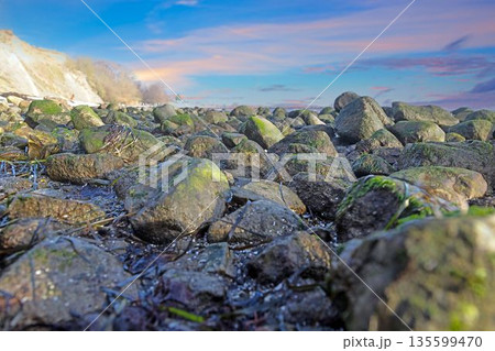 Rocky Baltic Sea coast below steep cliffs Rocky Baltic Sea coast below steep cliffs 135599470