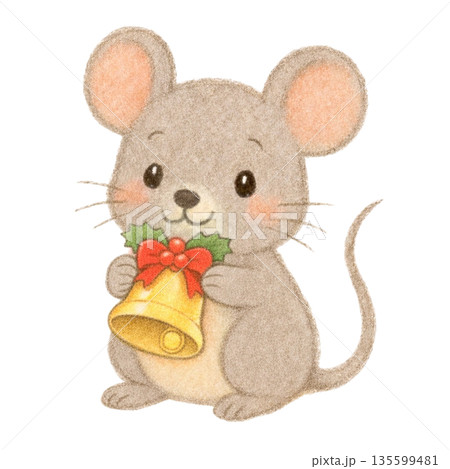 【クリスマス】色鉛筆風のベルを抱くネズミのイラスト 135599481