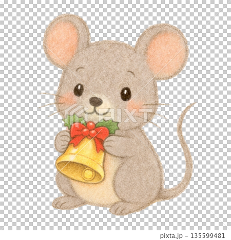 【クリスマス】色鉛筆風のベルを抱くネズミのイラスト 135599481