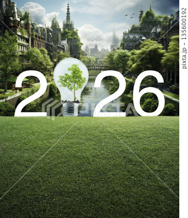 Happy new year 2026 green ecology and saving energy concept, Generative AI 135600192