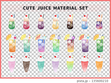ハワイアンなトロピカルなジュースやカラフルで可愛らしいアイスフロートのイラスト素材セット 135600210