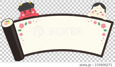 Setsubun Ehomaki frame with red demon and Otafuku decorations Setsubun Ehomaki frame with red demon and Otafuku decorations 135600271