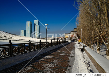 The Atyrau Bridge embankment in Astana Central Park The Atyrau Bridge embankment in Astana Central Park 135600325