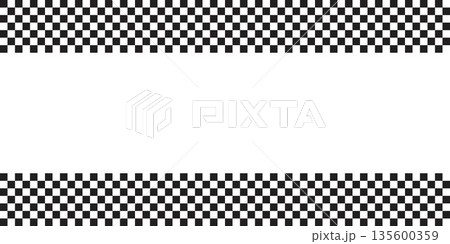 Top and bottom borders with checkered race flag or chess board print. Motocross or rally sport car competition background with empty space. Black and white squares pattern. Vector illustration Top and bottom borders with checkered race flag or chess board print. Motocross or rally sport car competition background with empty space. Black and white squares pattern. Vector illustration 135600359