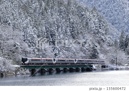 冬景色の飛騨川沿いを走るを走る特急ひだ 冬景色の飛騨川沿いを走るを走る特急ひだ 135600472