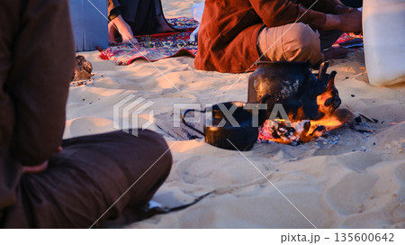 Bedouin Campfire Tea on Desert Sand 135600642