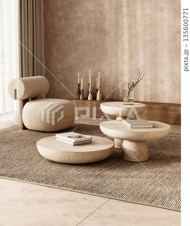Cozy boho scandinavian reading nook with unique chair and round stone table. 3d render Cozy boho scandinavian reading nook with unique chair and round stone table. 3d render 135600771