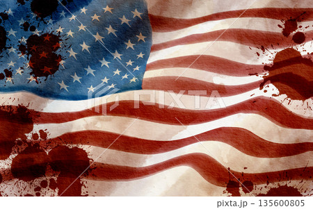 Vintage American flag waves as textured background,with symbolic red droplets evoking historic struggle for independence.Watercolor illustration for educational media,historical patriotic themes Vintage American flag waves as textured background,with symbolic red droplets evoking historic struggle for independence.Watercolor illustration for educational media,historical patriotic themes 135600805