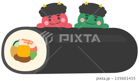 節分の鬼と恵方巻、赤鬼と緑鬼 135601435