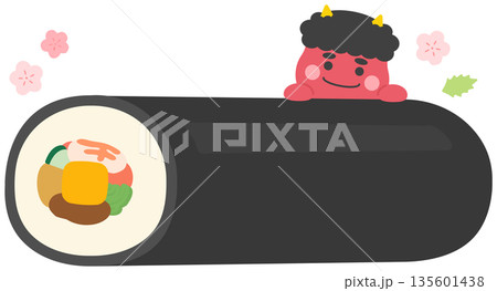 節分の鬼と恵方巻、かわいい赤鬼と梅の飾りつき 135601438