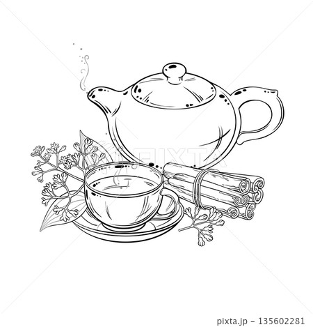 Cinnamon Tea in Teapot Outline Illustration. 135602281