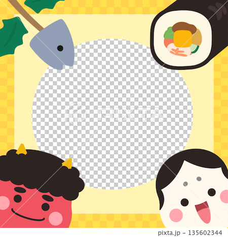 節分方形橫幅材料，圓形框架，黃色背景 135602344