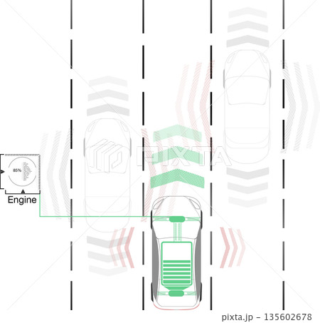 Car autopilot system showing vehicle movement and engine status in a driving scenario with lane markings on the road 135602678