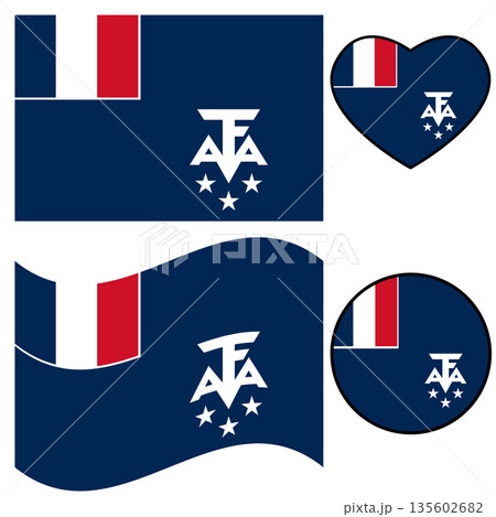 French Southern and Antarctic Lands flag icon. Waving flag of French Southern and Antarctic Lands. Heart French Southern and Antarctic Lands flag. Round French Southern and Antarctic Lands flag. flat French Southern and Antarctic Lands flag icon. Waving flag of French Southern and Antarctic Lands. Heart French Southern and Antarctic Lands flag. Round French Southern and Antarctic Lands flag. flat 135602682