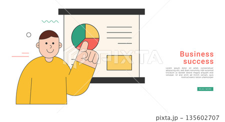 Business Success. Flat business illustration of a man presenting a pie chart on a presentation board, explaining data analysis, marketing strategy, statistics, and business success concepts. 135602707