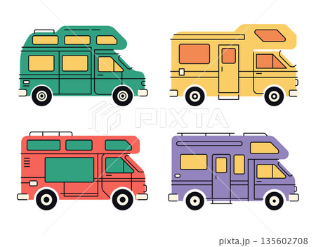 Flat vector illustration of colorful camper vans in side view, showing travel, road trip, camping lifestyle, vacation transport, and outdoor adventure vehicles. 135602708