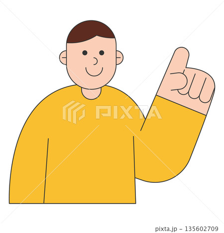 Flat character illustration of a smiling man pointing up, showing idea, explanation, guidance, or solution concept, suitable for business, education, and communication themes. 135602709