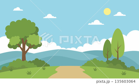 Flat Design Nature Landscape with Winding Path. Scenic Countryside View with Green Hills and Summer Sky.Minimalist Outdoor Environment Illustration with Trees and Mountains Flat Design Nature Landscape with Winding Path. Scenic Countryside View with Green Hills and Summer Sky.Minimalist Outdoor Environment Illustration with Trees and Mountains 135603064
