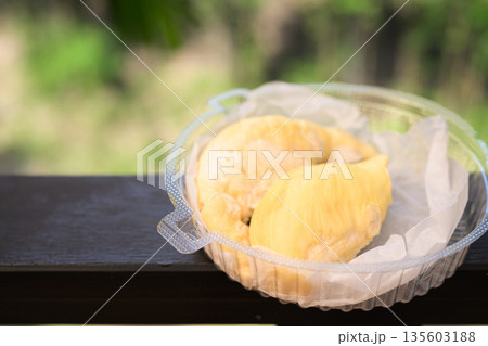 Fresh Durian Fruit Ready to Eat with Tropical Leaves Background Fresh Durian Fruit Ready to Eat with Tropical Leaves Background 135603188