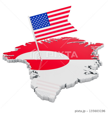 Greenland map with US flag pinned, takeover or purchase concept. 3D rendering 135603196