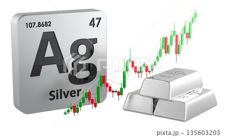 Silver price rising with Ag symbol and bullion bars. 3D rendering 135603203