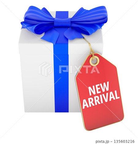 Gift box with New Arrival tag. 3D rendering Gift box with New Arrival tag. 3D rendering 135603216