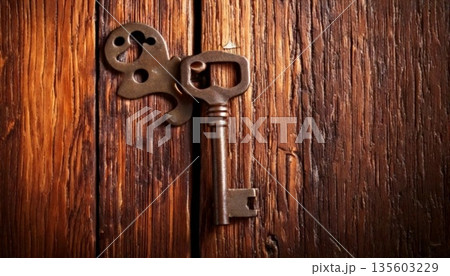 door with brass knocker on wooden background 135603229