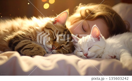 ベッドで眠る少女と子猫 135603242