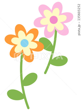 Pastel flowers with green leaves for nature, garden, tree, plants, blossom, blooming, park, picnic, home yard, sticker, cartoon, floral print, decoration, patch, brooch, pin, tattoo, icon 135603252