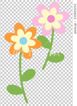 Pastel flowers with green leaves for nature, garden, tree, plants, blossom, blooming, park, picnic, home yard, sticker, cartoon, floral print, decoration, patch, brooch, pin, tattoo, icon 135603252
