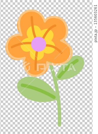 Orange flower with green leaves doodles for nature, garden, tree, plants, blossom, blooming, park, picnic, home yard, sticker, cartoon, floral print, decoration, patch, brooch, pin, tattoo, icon 135603261