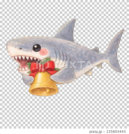 【聖誕節】色鉛筆插畫，描繪了一隻巨齒鯊拿著鈴鐺 135603443